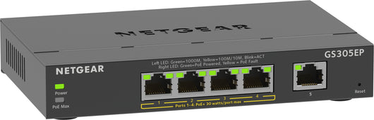 Netgear 5-port gigabit ethernet poe+ plus switch (gs305ep) gestito l2/l3 gigabit ethernet (10/100/1000) supporto power over ethernet (poe) nero - GS305EP-100PES