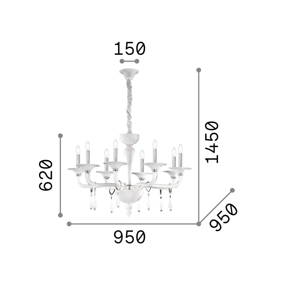 Lampadario Shabby Chic-Provenzale Miramare Vetro Bianco 8 Luci E14