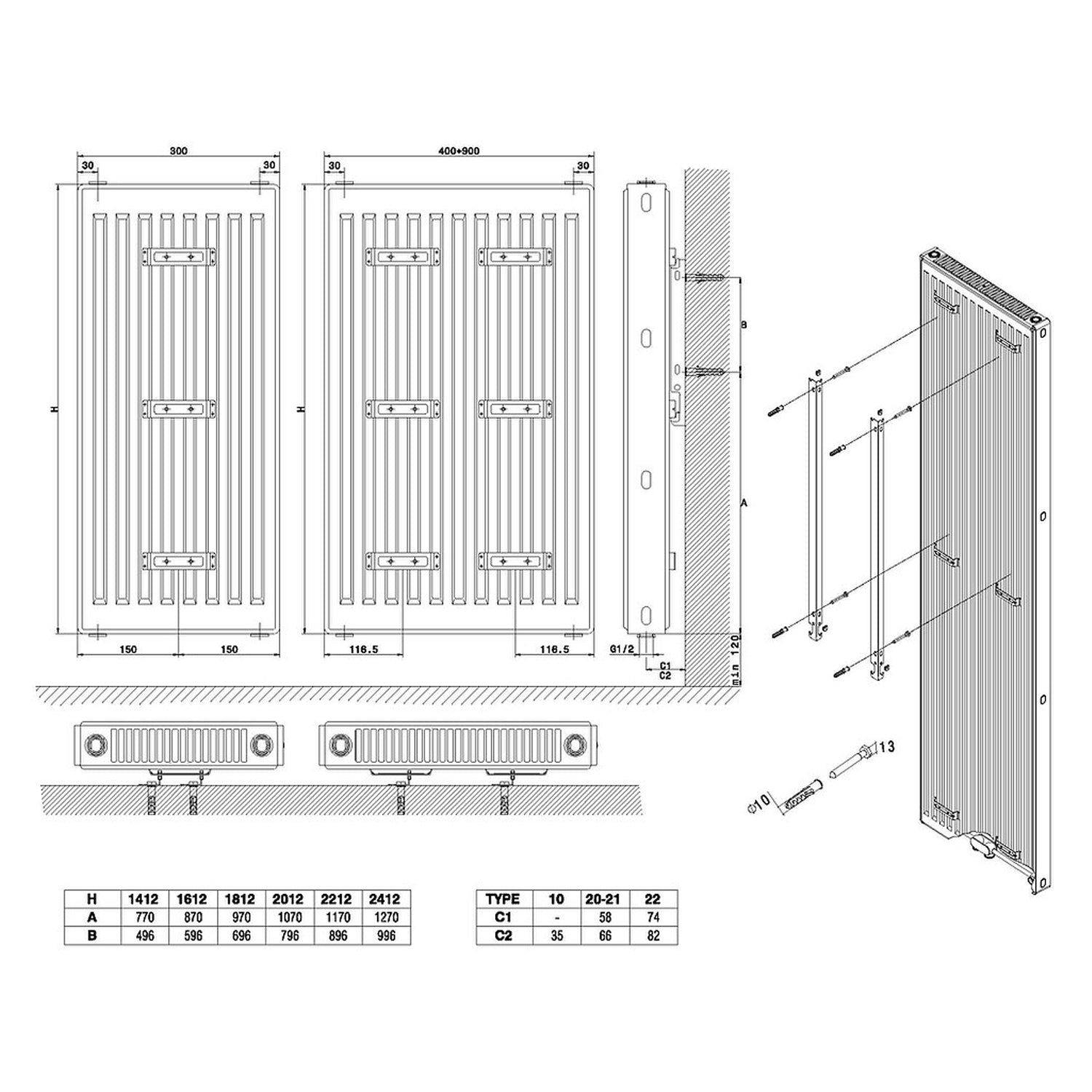 Termoarredo idraulico 180x50 cm interasse mm 50 Modello 'Marilyn' Termocrea