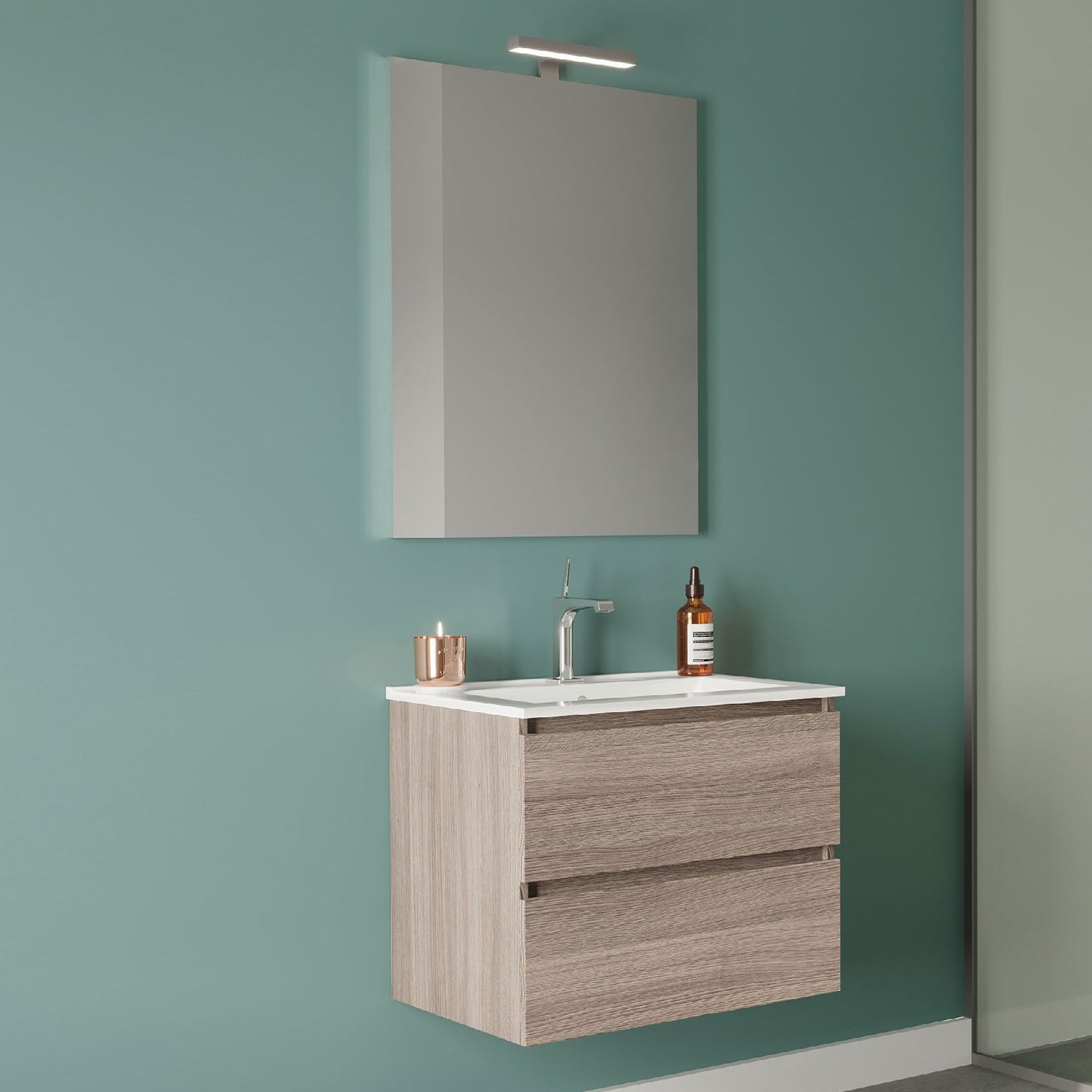 Mobile bagno con lavabo in ceramica specchio e lampada cm 60 colore Rovere Fumo-modello Symmetry Classic 3