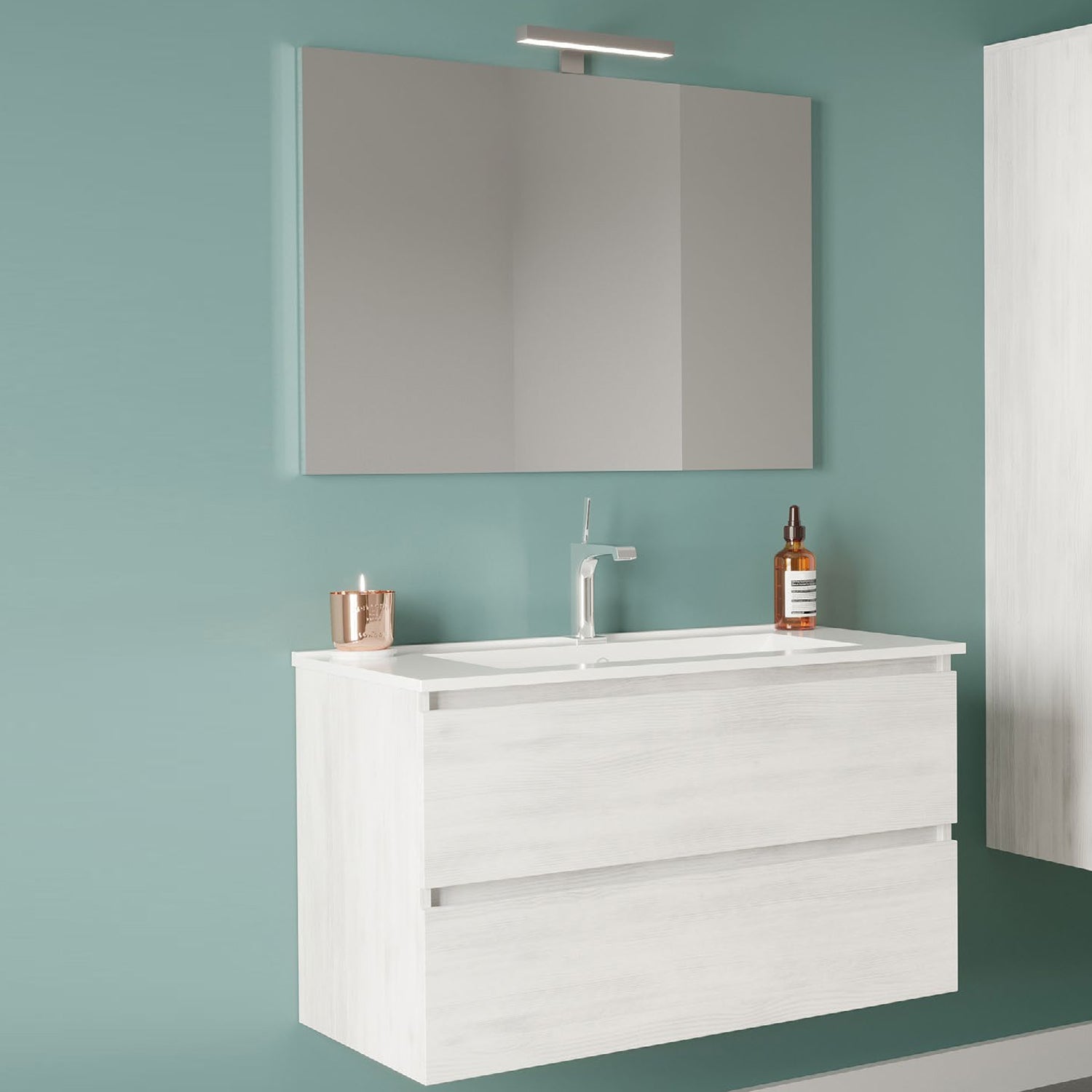 Mobile bagno con lavabo in ceramica specchio e lampada cm 80 colore Rovere Bianco-modello Symmetry Classic 4