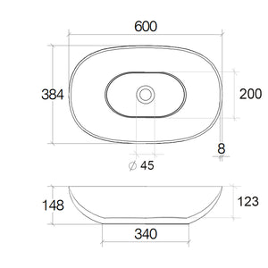 Lavabo vasca ovale da appoggio senza piletta Lineabeta collezione Acquaio in ceramica bianco opaco cm 60x38,4x14,8h