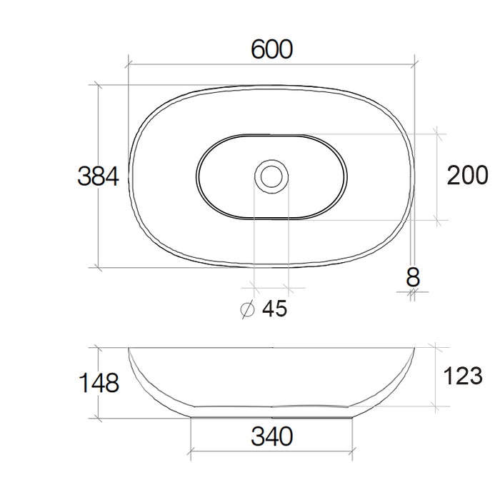 Lavabo vasca ovale da appoggio senza piletta Lineabeta collezione Acquaio in ceramica bianco opaco cm 60x38,4x14,8h