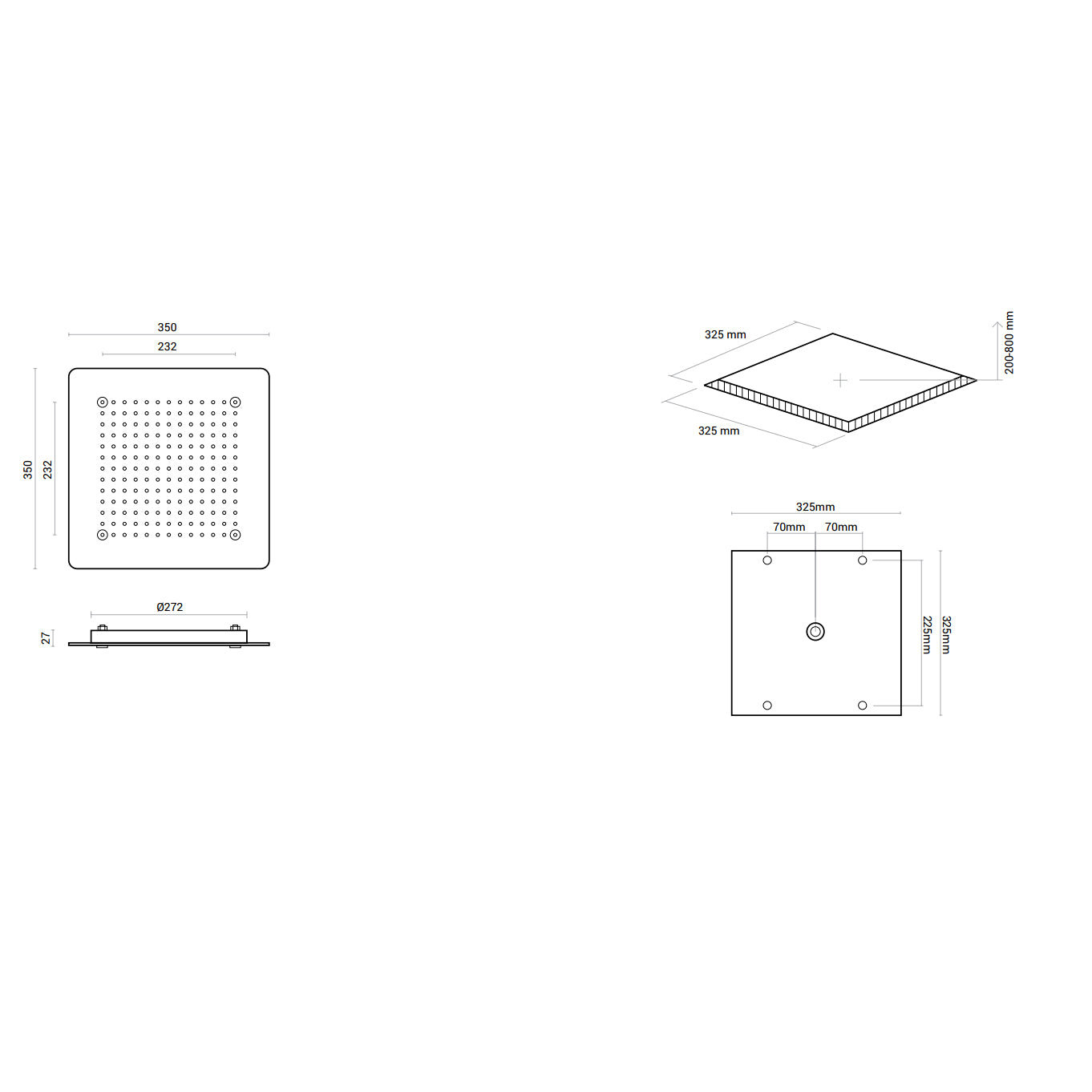 Soffione doccia ad incasso quadrato 35x35 in acciaio inox spessore 2 mm con kit di installazione