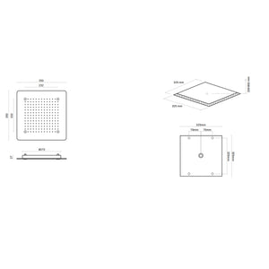 Soffione doccia ad incasso quadrato 35x35 in acciaio inox spessore 2 mm con kit di installazione