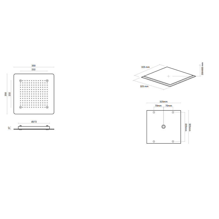 Soffione doccia ad incasso quadrato 35x35 in acciaio inox spessore 2 mm con kit di installazione