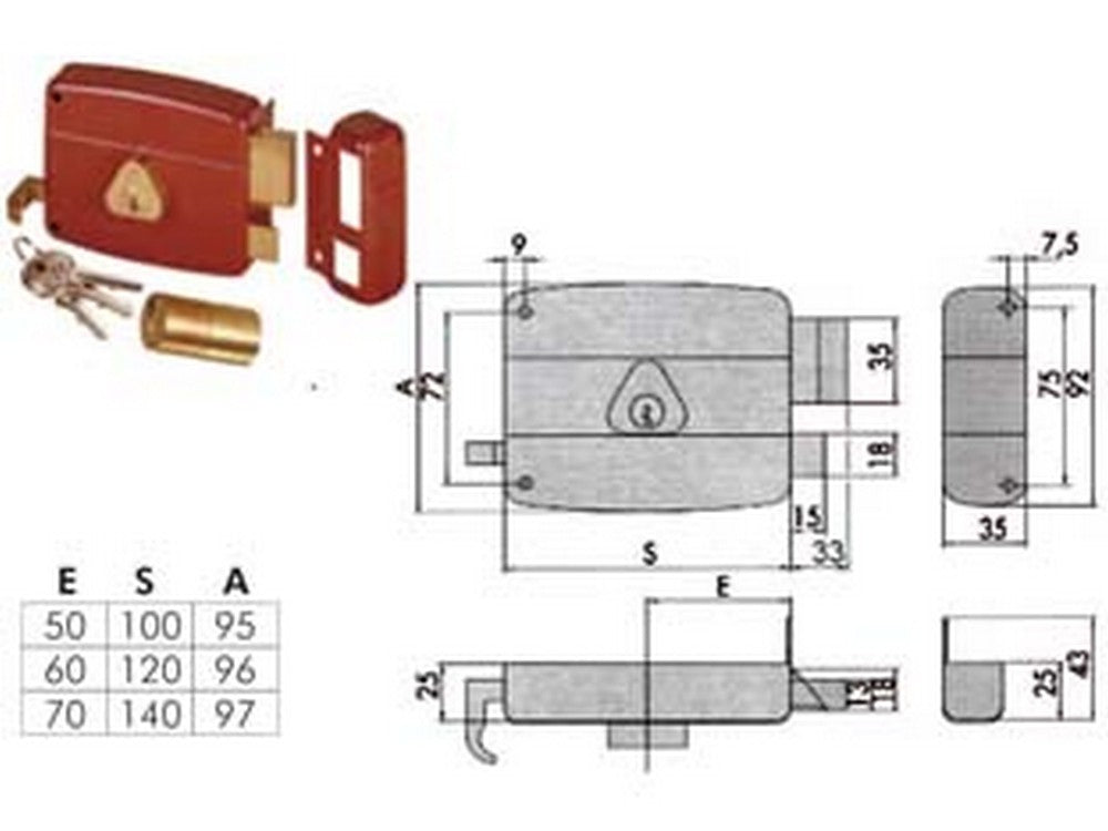 serratura portoncino catenaccio e scrocco doppio cilindro fisso 50121 - mm.50 dx (50121501) fer65597