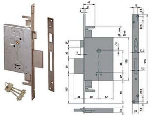 serratura triplice da infilare doppia mappa con scrocco 57255 - mm.60 (57255600) fer64538