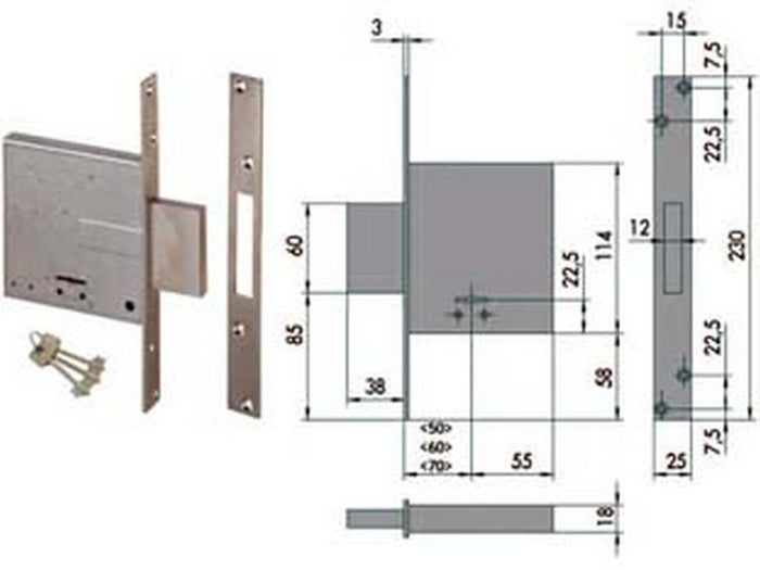 serratura da infilare doppia mappa 57010 - mm.70 (57010700) cod:ferx.fer64507