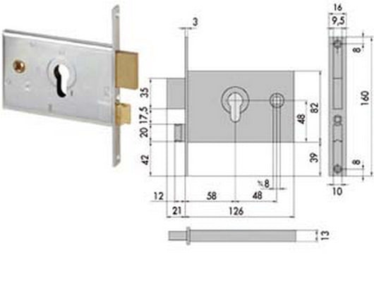 serratura da infilare per fasce catenaccio e scrocco mm.82 h 44120 - mm.60 (44120600) fer65450