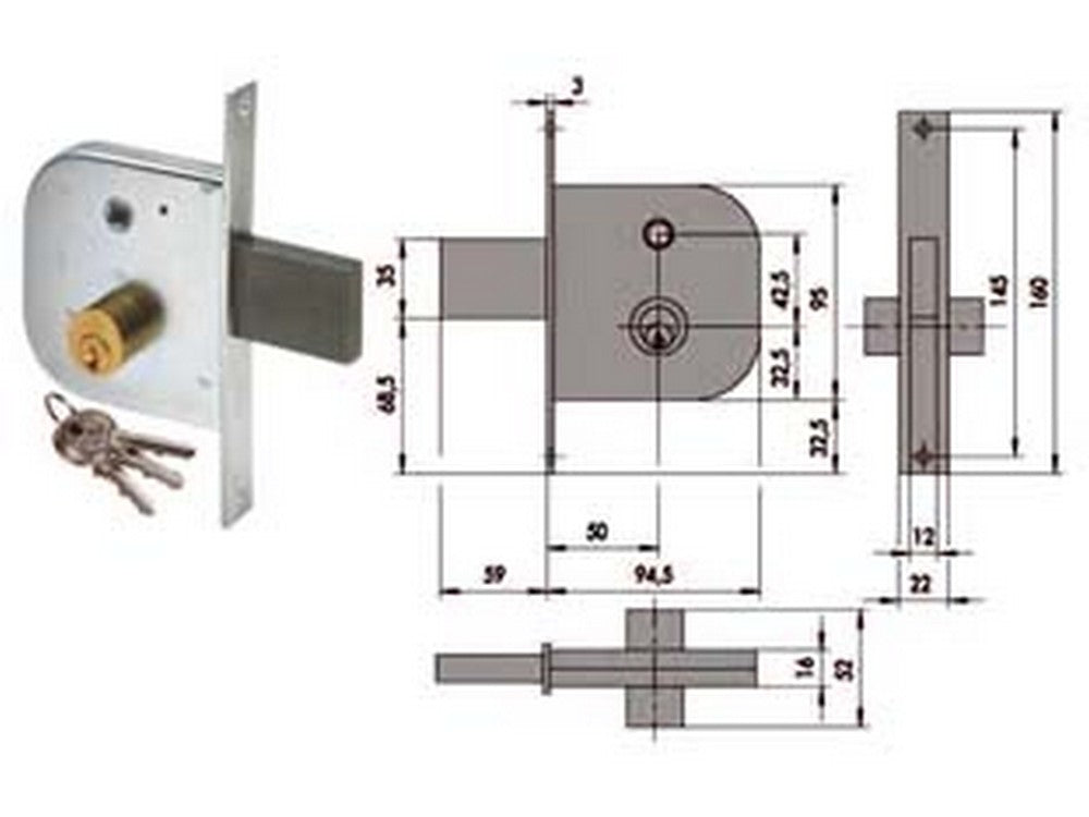 2pz serratura infilare per cancelli con quadro catenaccio e scrocco 42310 - mm.50 (42310500) cod:ferx.fer65436