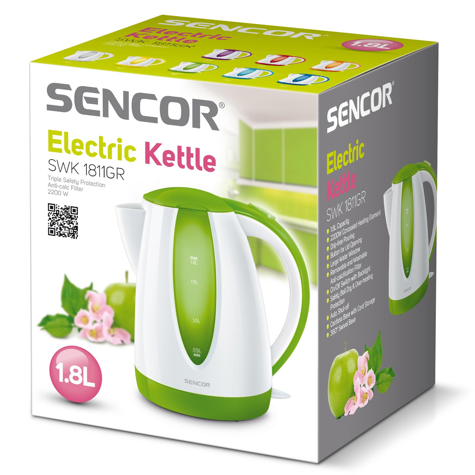 Bollitore elettrico verde Sencor 1,8L 2000W SWK 1811GR