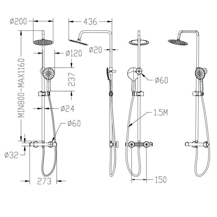 AICA ITALY Sistema Doccia con Miscelatore Termostatico a 38℃, Soffione Doccia Tondo in Acciaio Inox Altezza Regolabile 80-116cm Cromo