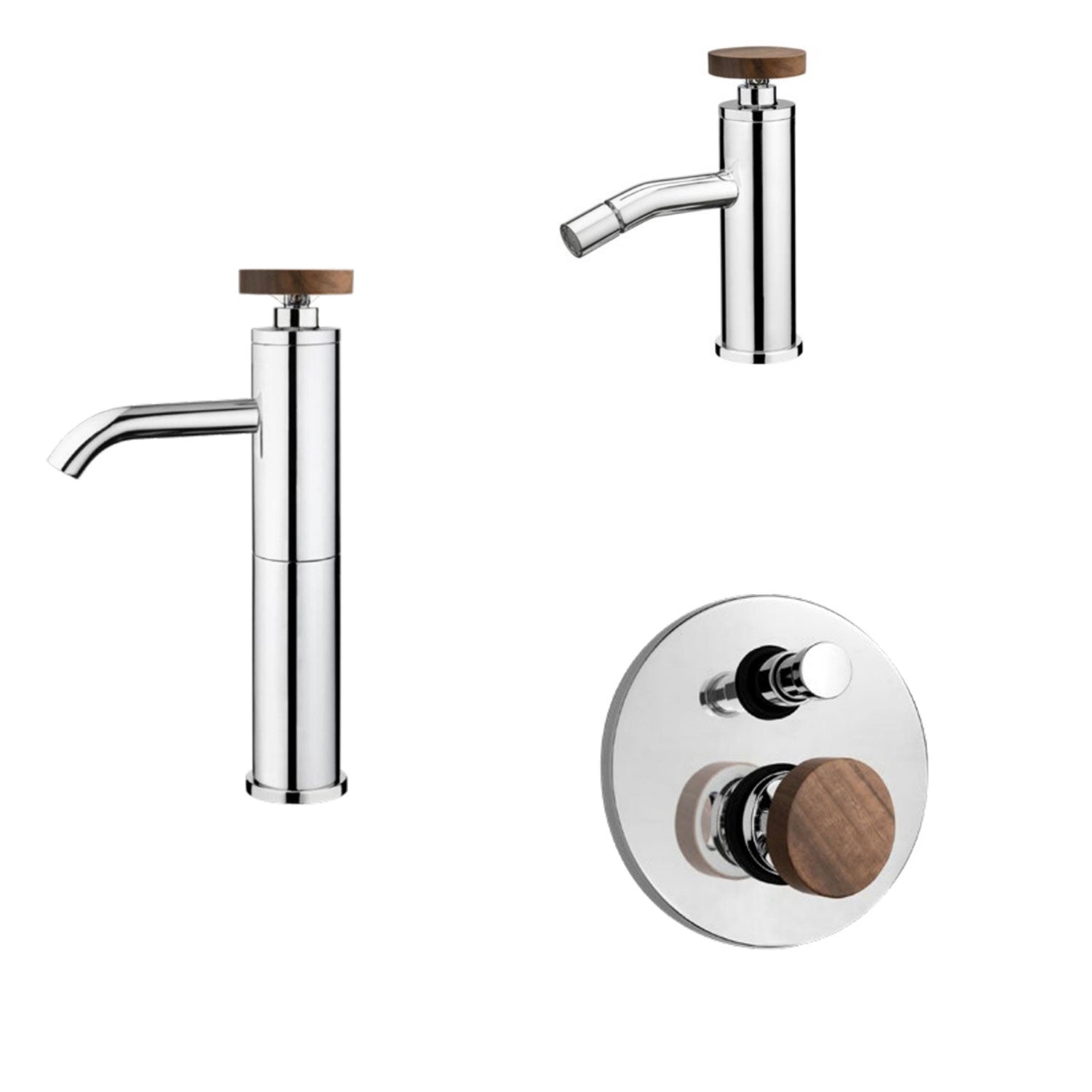 Kit miscelatori lavabo canna alta+bidet+doccia con deviatore a 2 uscite in ottone cromato serie Nature Keller Taps