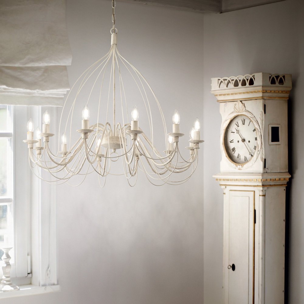 Lampadario Shabby Chic-Provenzale Corte Metallo Bianco 12 Luci E14