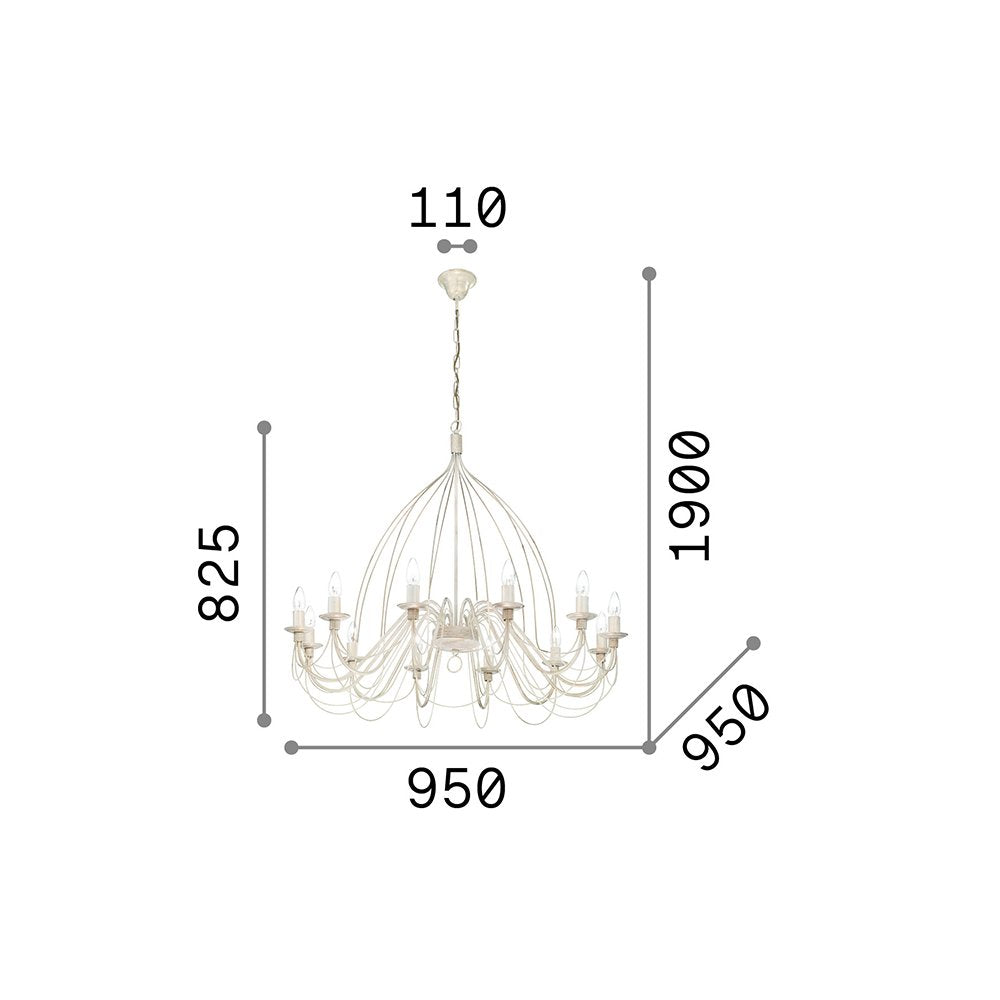 Lampadario Shabby Chic-Provenzale Corte Metallo Bianco 12 Luci E14