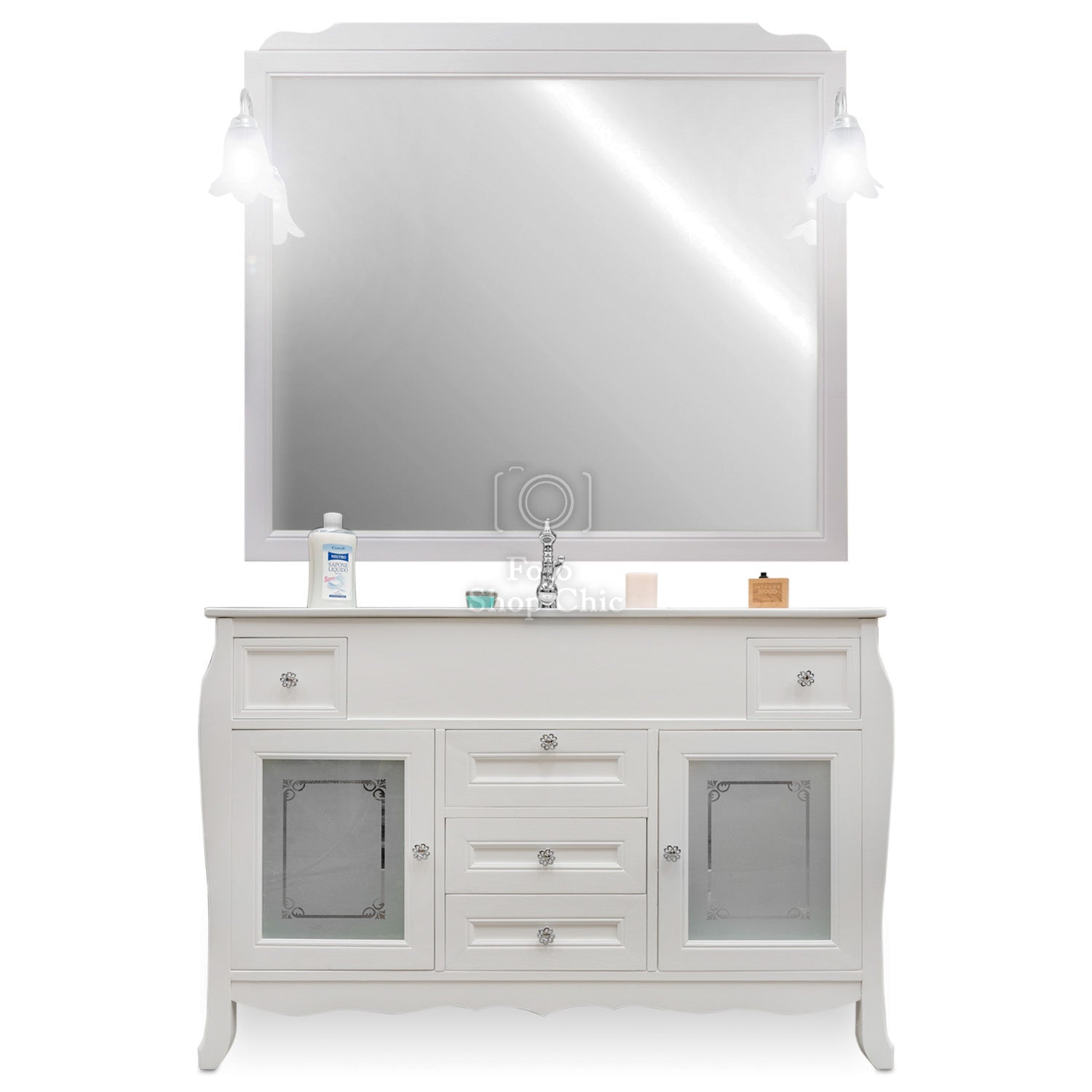 Mobile bagno shabby chic con top slim ceramica e specchiera