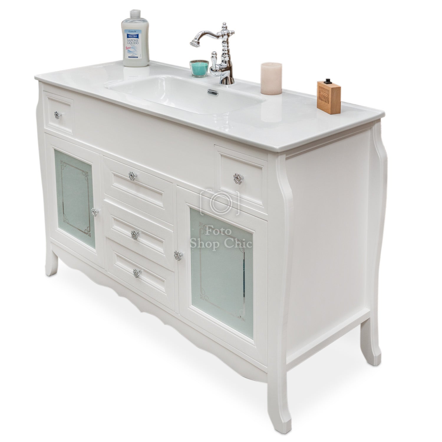 Mobile bagno shabby chic con top slim ceramica e specchiera