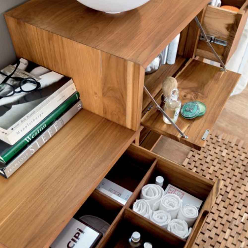 Consolle da bagno in Teak per lavabo da appoggio con cassetti e ripiano CIPI PRATICO