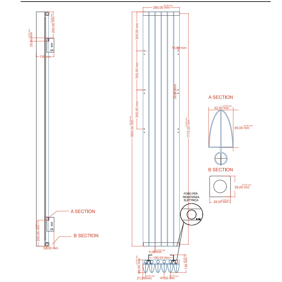 Radiatore in alluminio idraulico 6 elementi  cm 28x180 interasse cm 28 resa termica 1440 Watt Decowarm modello Punta Bianco opaco