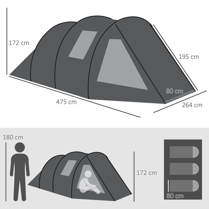 Tenda da Campeggio per 3-4 Persone 475x264x172 cm Due Stanze con Finestre e Borsa da Trasporto Nero