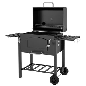 Barbecue da Giardino a 2 Ruote con Griglia Affumicatore e Fornello 124x66x112 cm in Metallo e Ghisa Nero