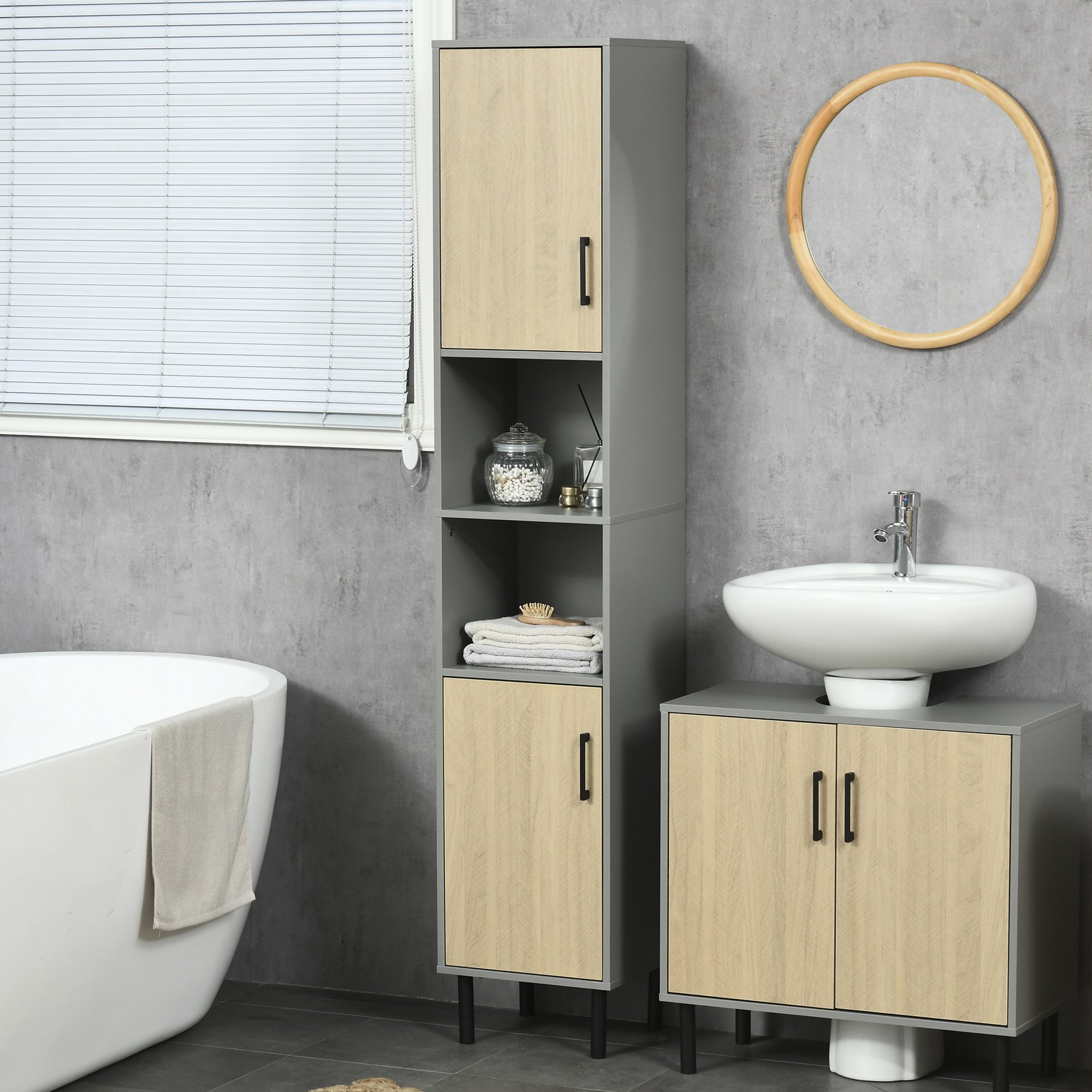 Mobile a Colonna per Bagno 31,4x30x165 cm 2 Ante 2 Ripiani in Truciolato Grigio e Quercia