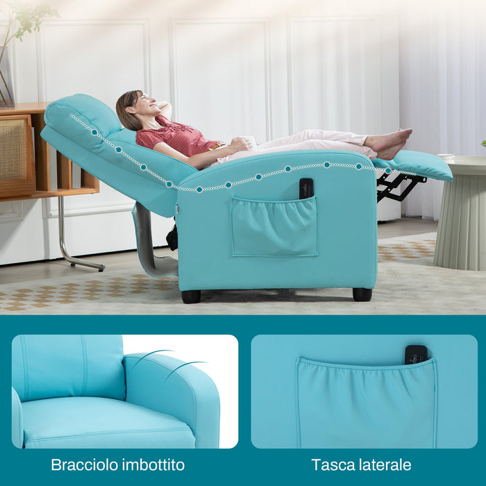 Poltrona Relax Massaggiante 68x88x98 cm con Telecomando e 8 Programmi Reclinazione e Poggiapiedi Azzurro