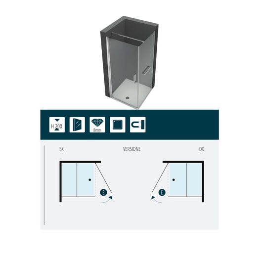 Ogomondo box doccia angolare cristallo 8 mm battente e lato fisso *** misure l100xp100xh200 cm dx, confezione 1