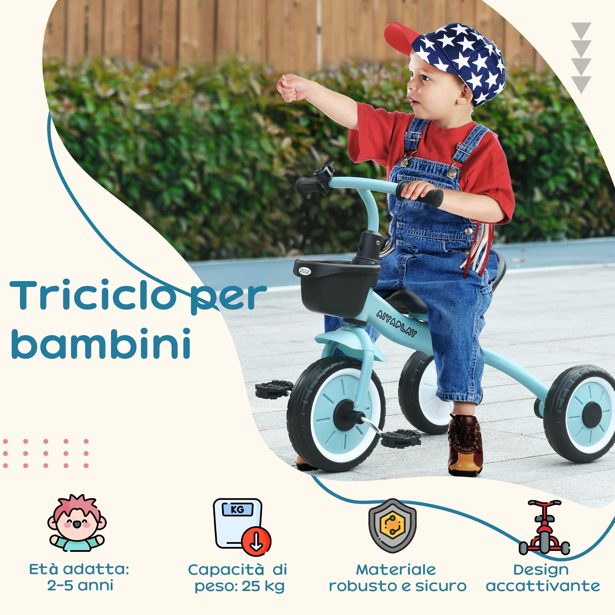 Triciclo per Bambini 70,5x50x58 cm con Seduta Regolabile e Campanello Blu