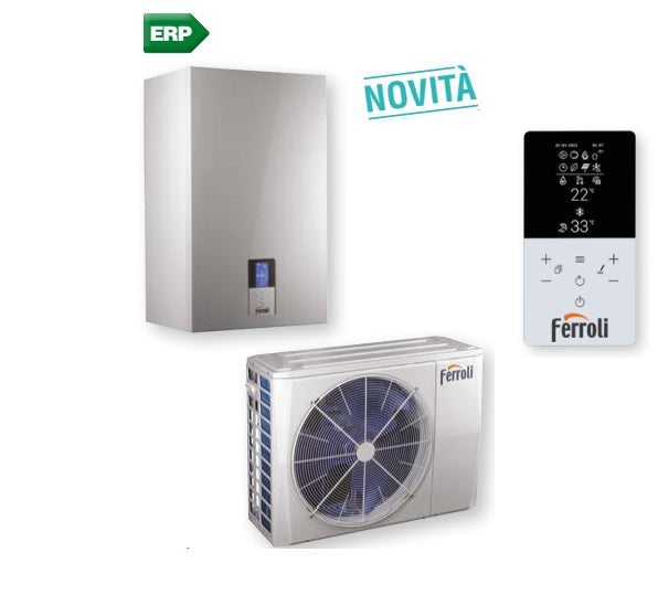 Pompa Di Calore Ibrida Aria/Acqua Ferroli Omnia S Hybrid C 10 kW per installazione splittata con produzione sanitaria istantanea comando incluso a bordo macchina