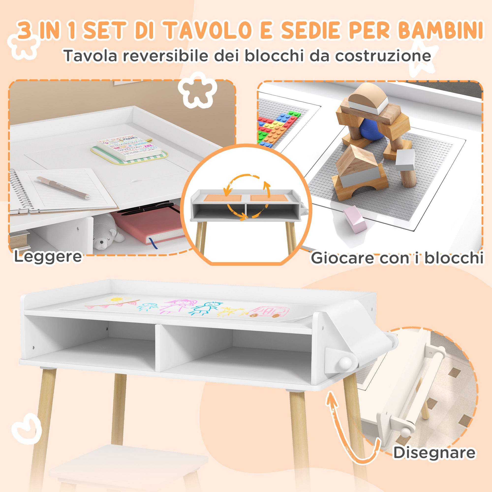 Set Tavolino con Sgabello per Bambini Banchetto con Piano Reversibile e Rotolo di Carta Bianco