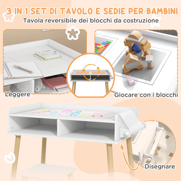 Set Tavolino con Sgabello per Bambini Banchetto con Piano Reversibile e Rotolo di Carta Bianco