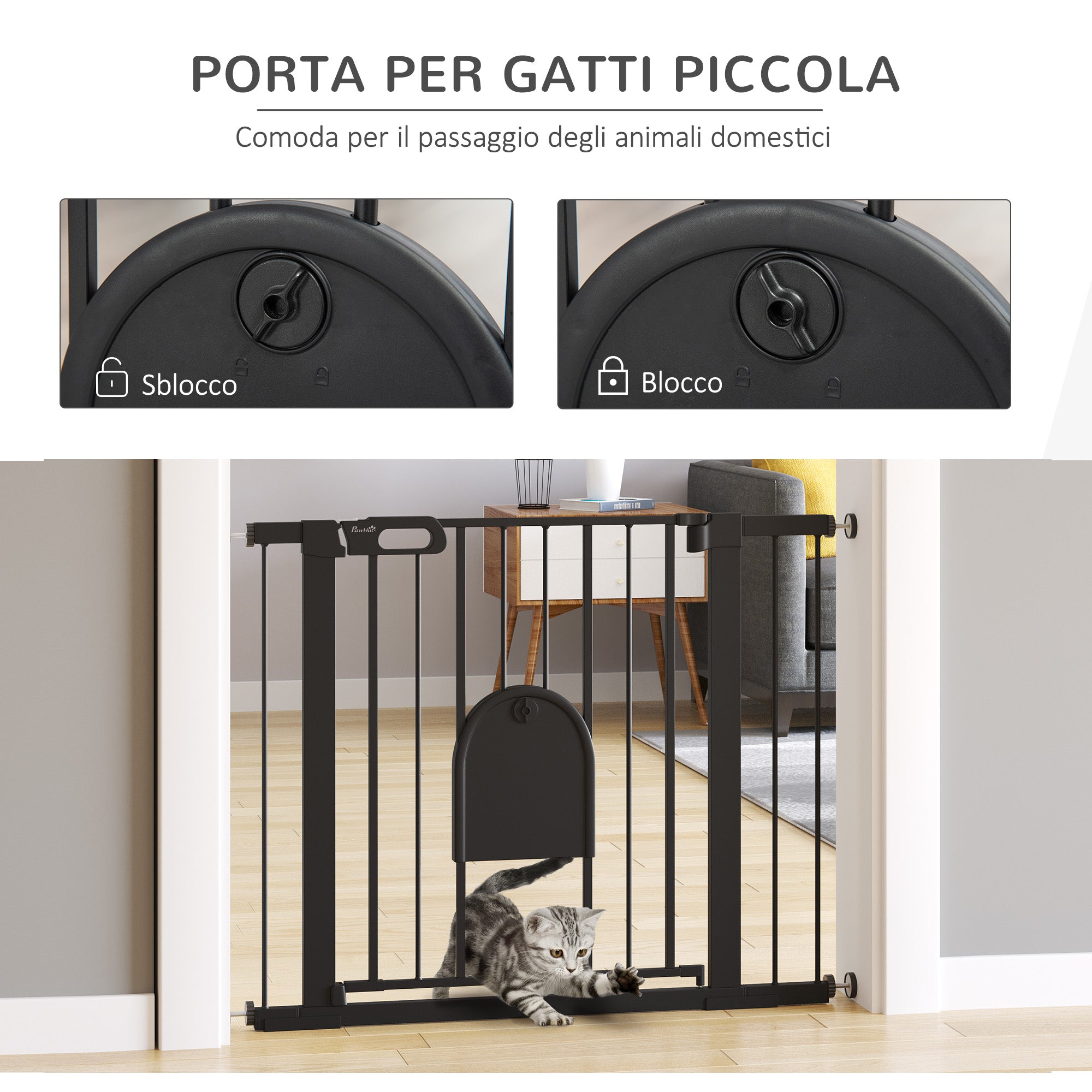 Cancelletto di Sicurezza per Cani con Porta Piccola Regolabile e Chiusura Automatica 75-103x76 cm Nero