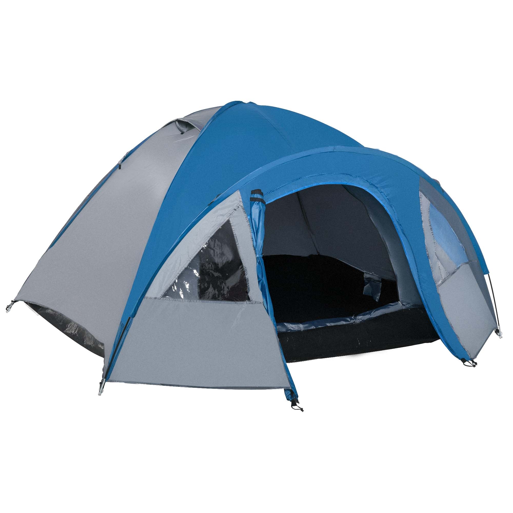 Tenda da Campeggio 4 Posti con Tasche e Gancio 3x2,50x1,30m in Poliestere e Fibra di Vetro Blu