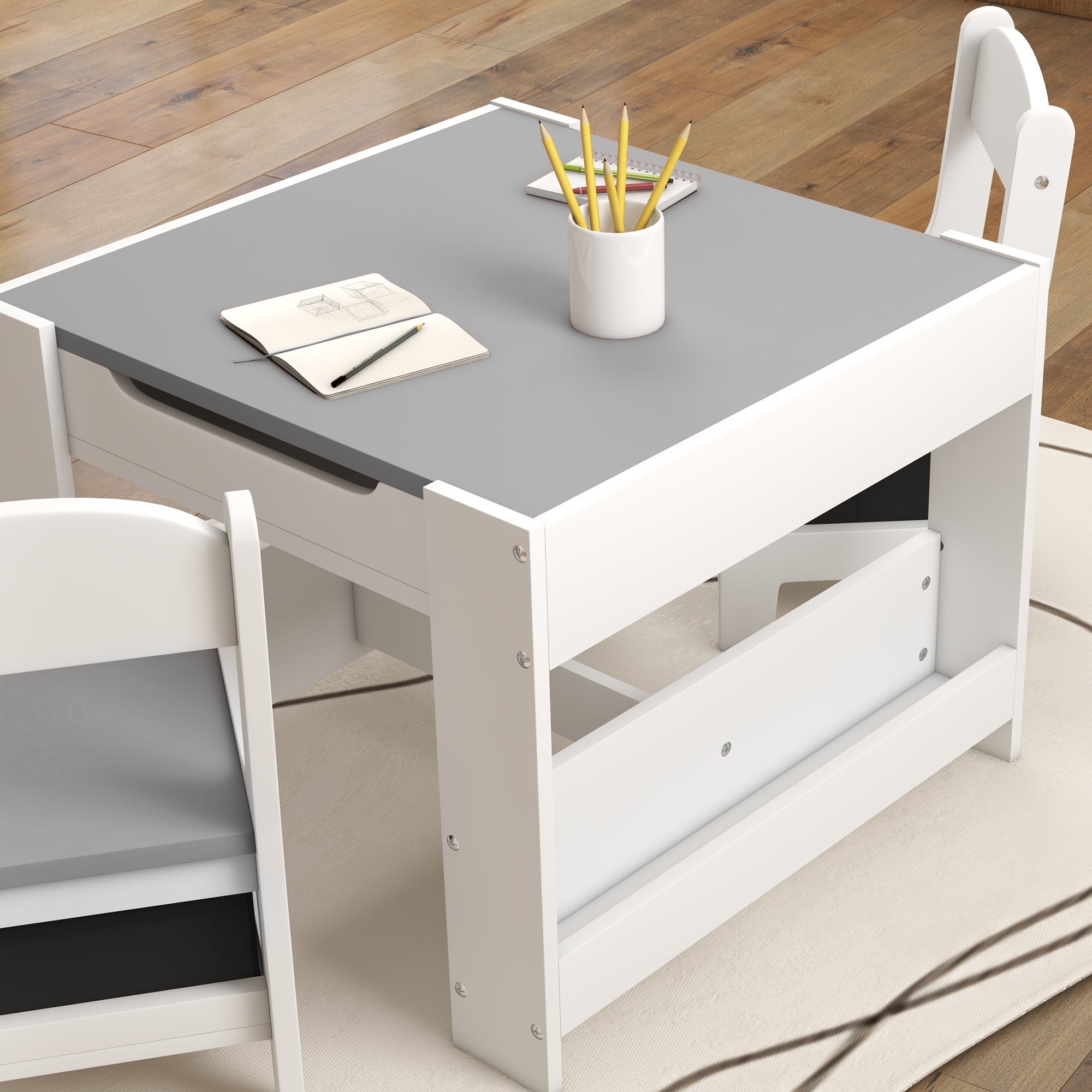 Set Tavolino per Bambini e 2 Sedie Piano del Tavolo 2 in 1 con Lavagna e Contenitori Grigio