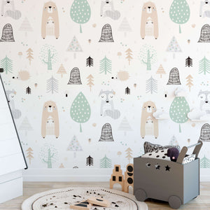 Carta da parati adesiva Animali del Bosco in vinile verde beige - 1 rotolo 50x300 cm - Decochic