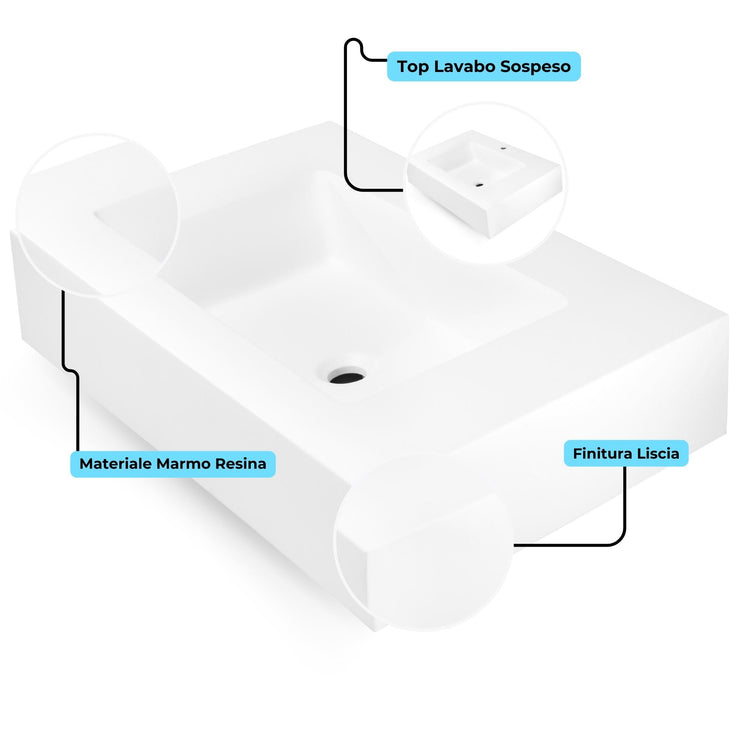 Ogomondo top lavabo sospeso in materiale marmo resina finitura liscia *** misure 100x46x15 cm, tinta bianco opaco, co...