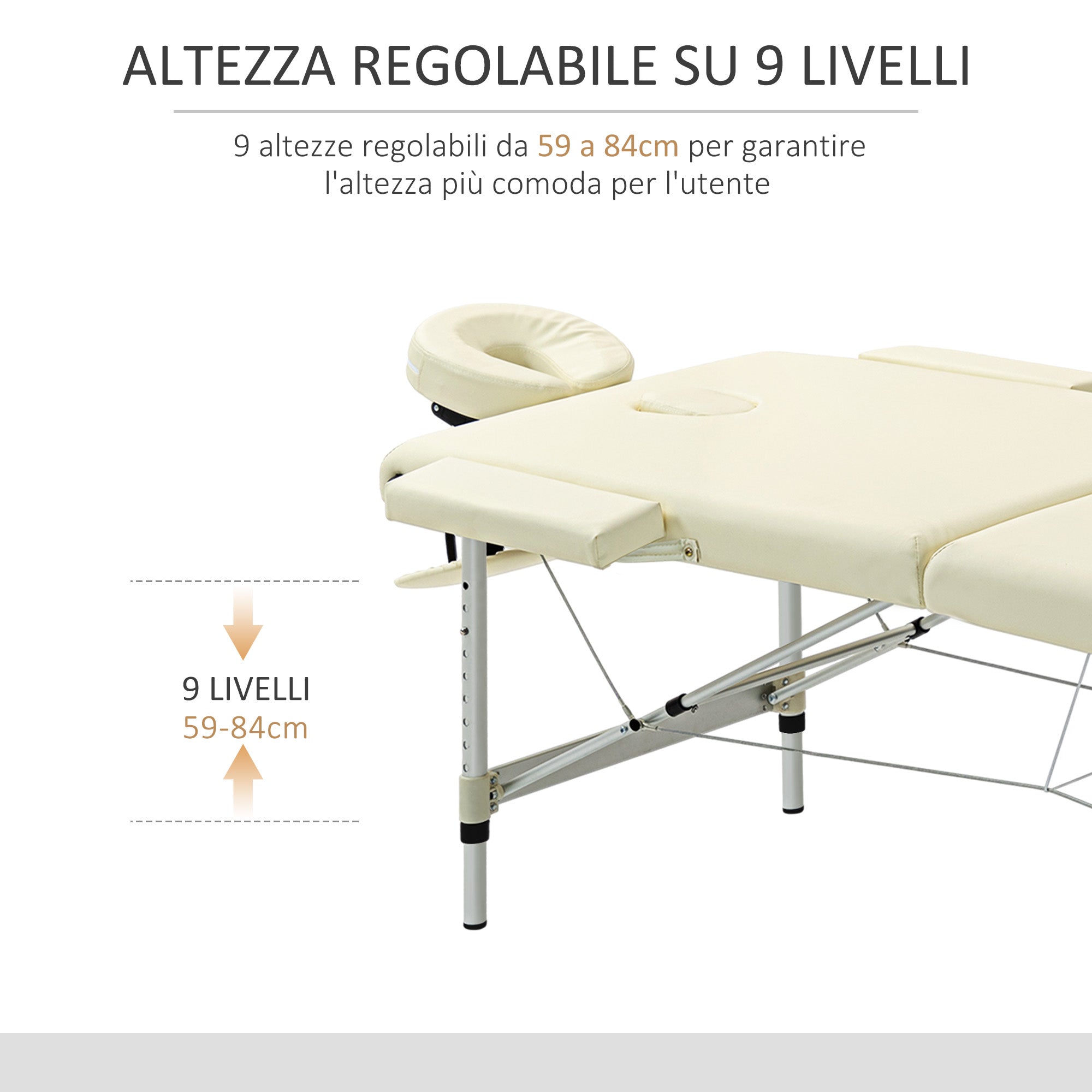 Lettino Massaggi Portatile Pieghevole 185x70x59-84 cm in Alluminio e Similpelle Bianco