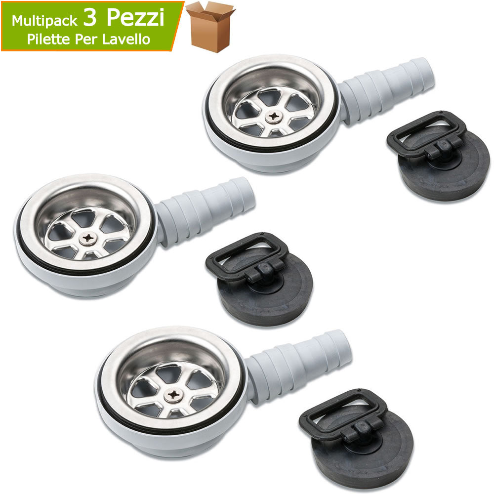 Multipack 3 pezzi pilette di ricambio in pvc e inox modello 90 gradi per lavello