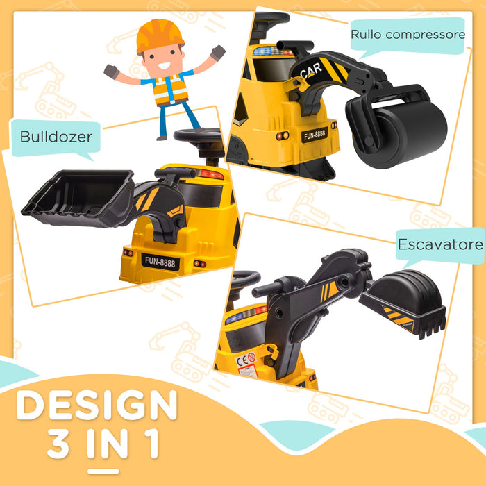 Escavatore Ruspa Cavalcabile per Bambini 3 in 1 100x43x48,5 cm con Volante e Benna di Scavo Giallo e Nero