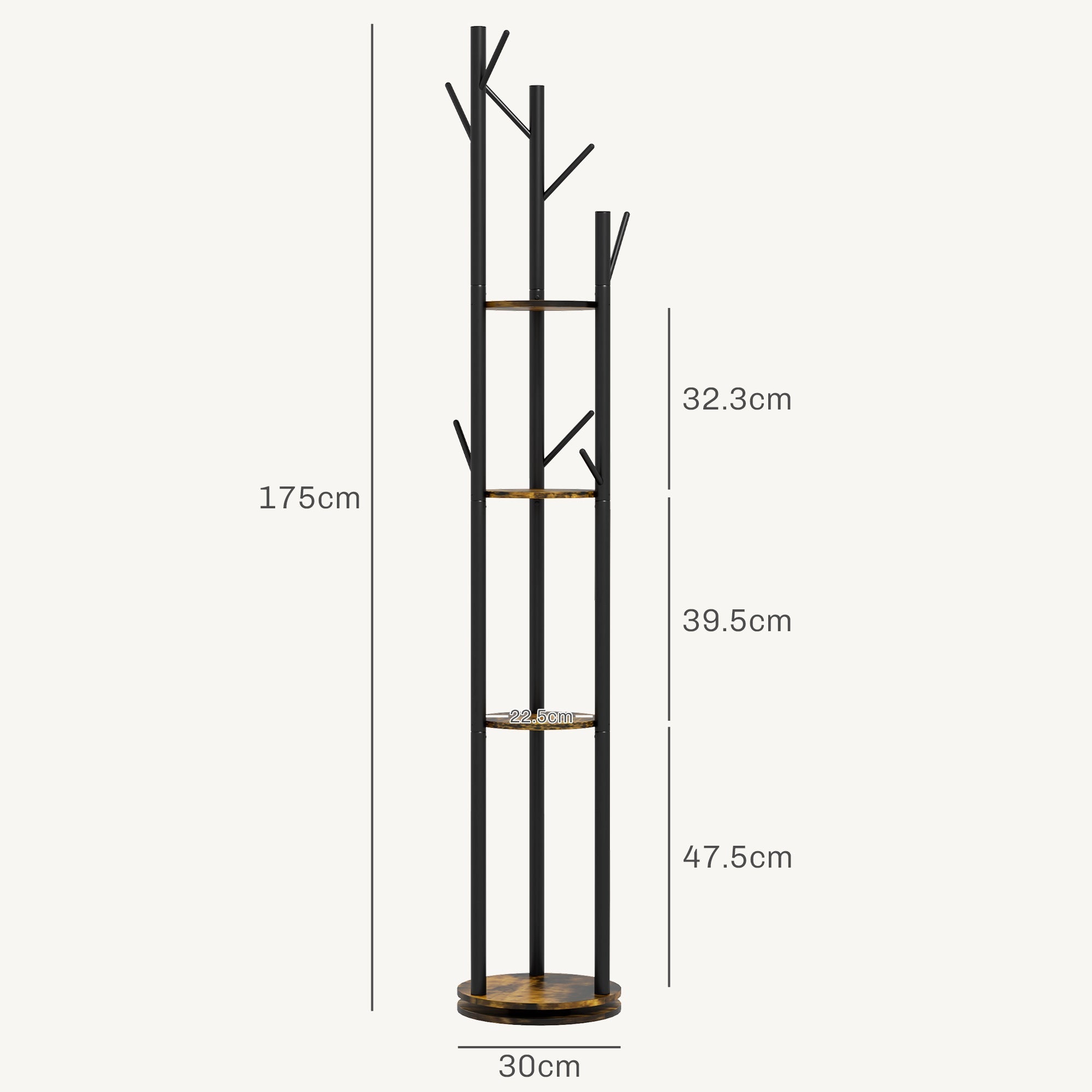 Appendiabiti da Terra 8 Ganci 4 Mensole 30x175cm in Stile Industriale Marrone