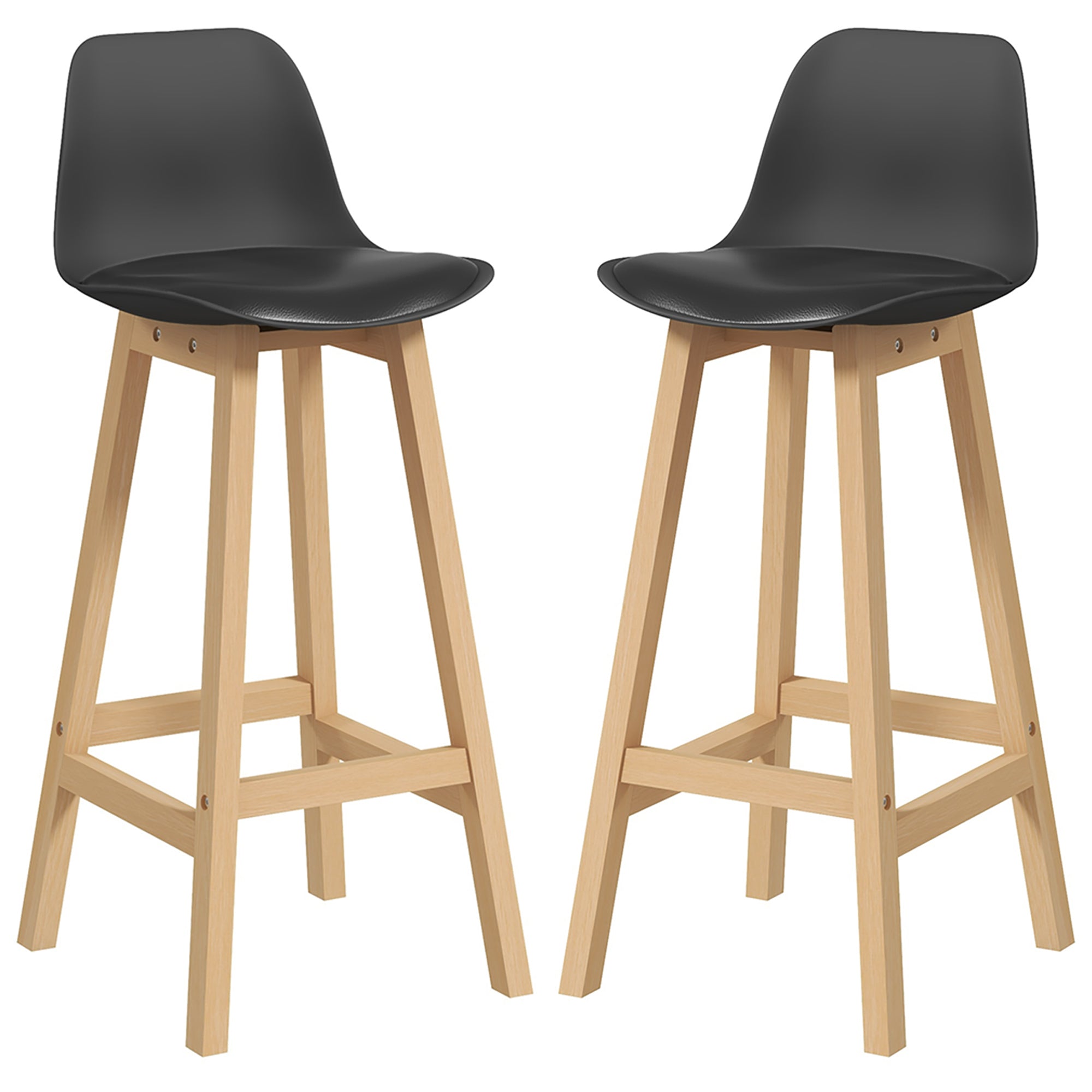 Set 2 Sgabelli da Bar 39x41x96 cm Gambe in Legno e Cuscino in Similpelle Nero