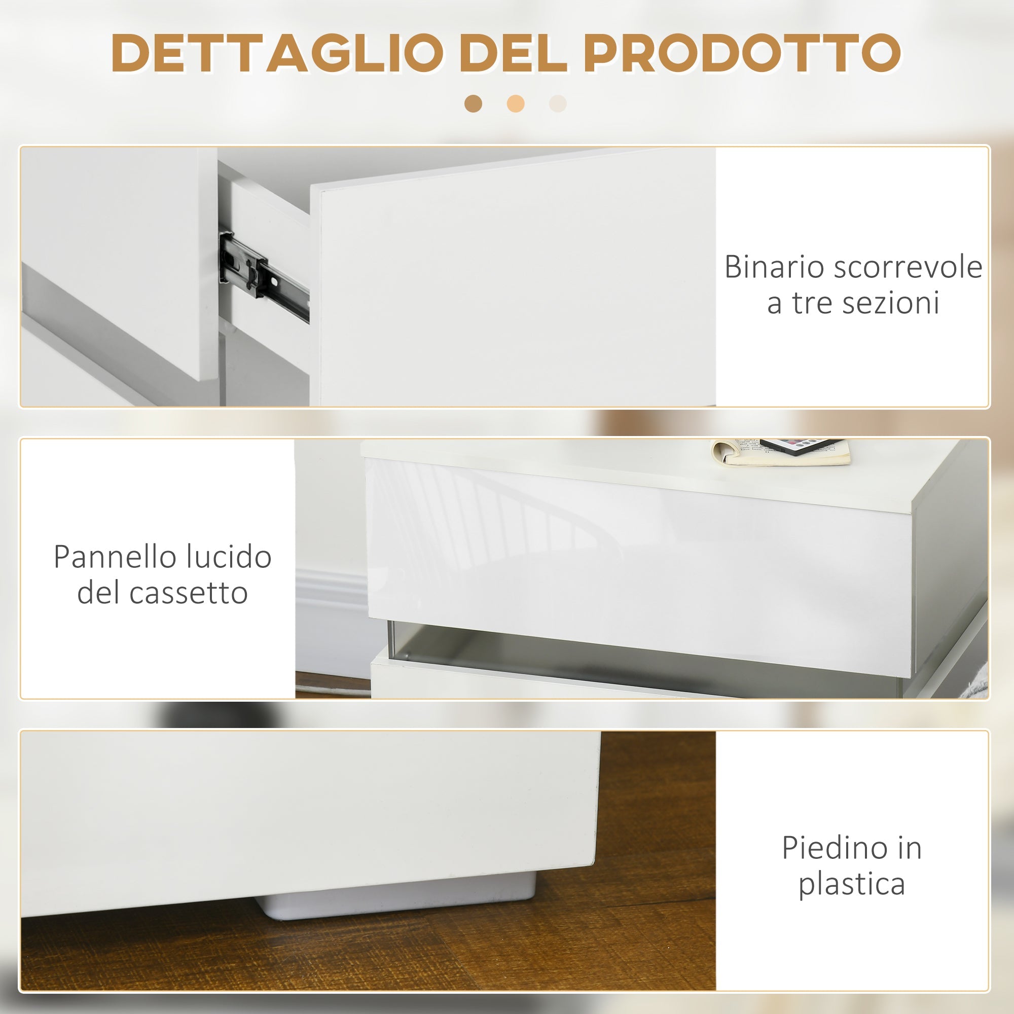 Comodino 2 Cassetti 60x39x47 cm con LED in Truciolato Bianco