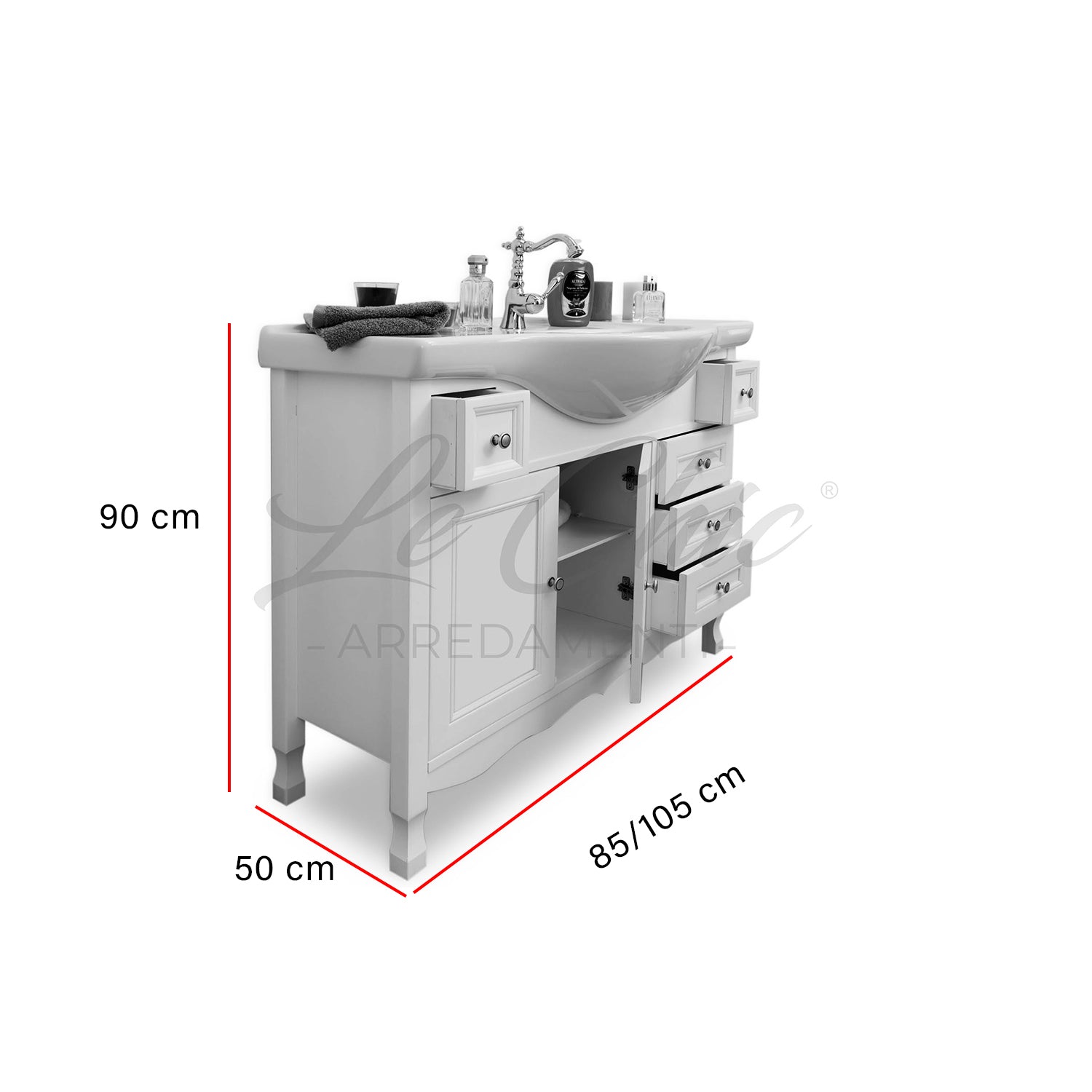 Mobile bagno a terra in legno bianco - 85 cm, Specchio senza pensile