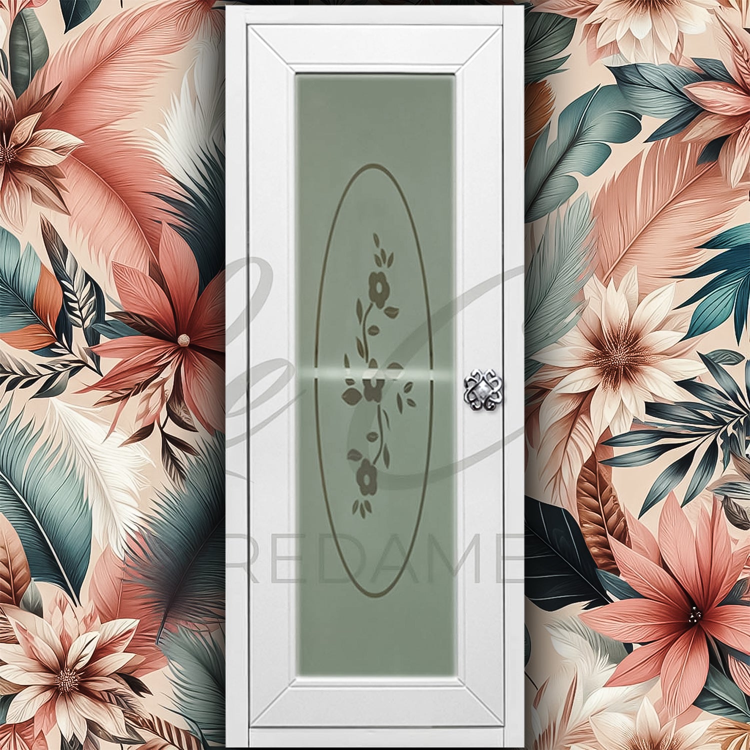 Pensile per specchio bianco opaco con vetrina a fiori shabby