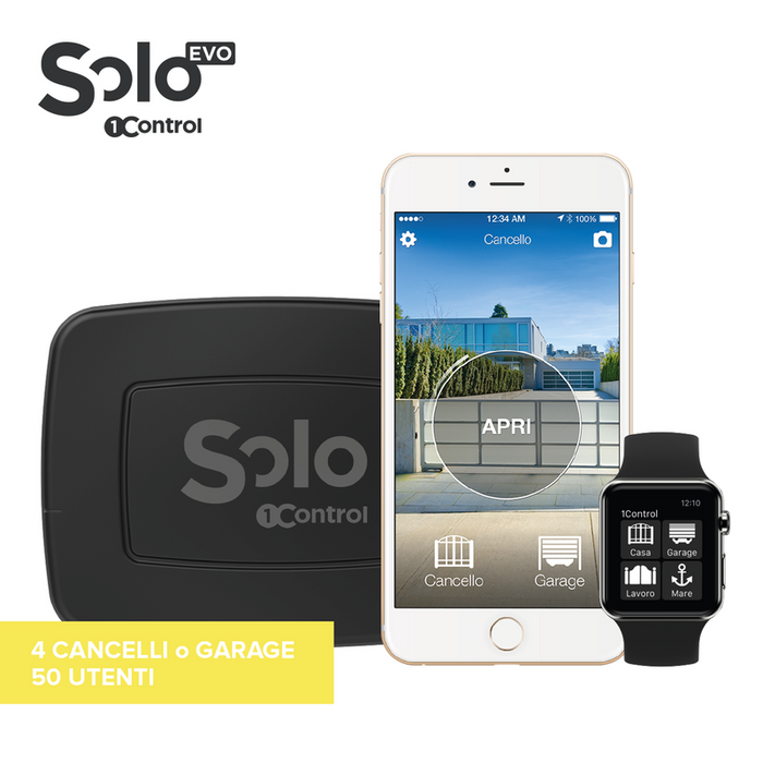 1Control SOLO EVO, Apricancello Bluetooth senza Fili per Telefono/Smartphone per Aprire Cancelli e Porte Garage Controlati da Telecomando, x 4 cancelli e fino a 50 Utenti, Nero, Made in Italy