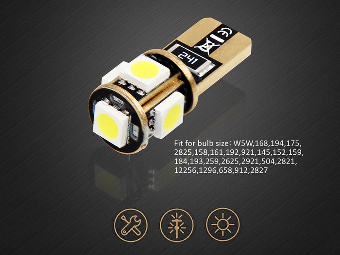 10 Lampada Led T10 W5W Canbus 12V 5 SMD 5050 Bianco Freddo 6000K + Leva Rimozione Antigraffio