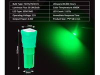 10 Lampadine Led T5 12V W1,2W Colore Verde Con 1 Smd 5050 Luci Cruscotto Auto e Moto