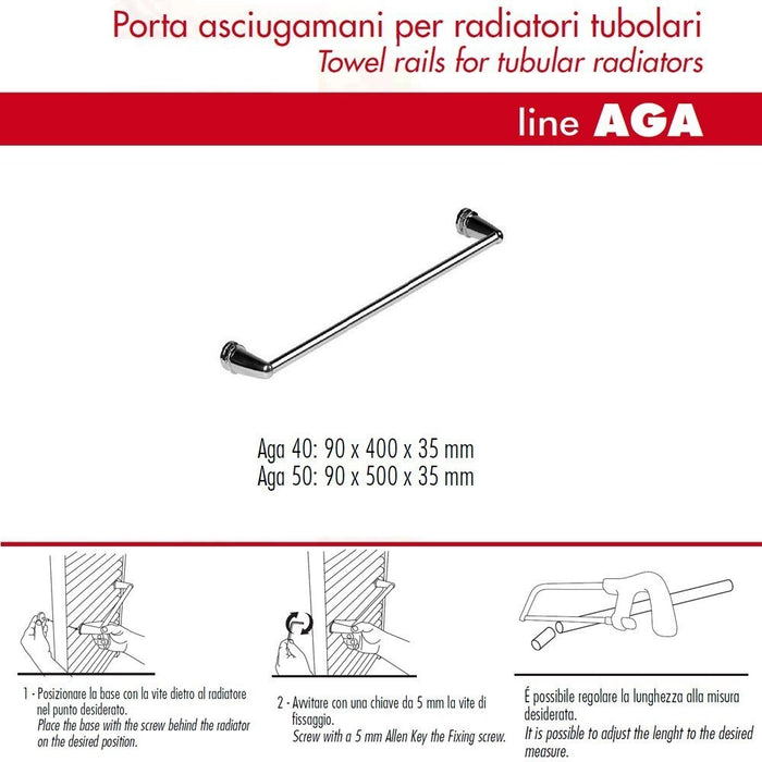 Pika' porta asciugamani 40 centimetri aga porta salviette per radiatori tubolari metallo cromato